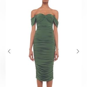 Norma Kamali Mid-length, Off the Shoulder, Olive green dress.